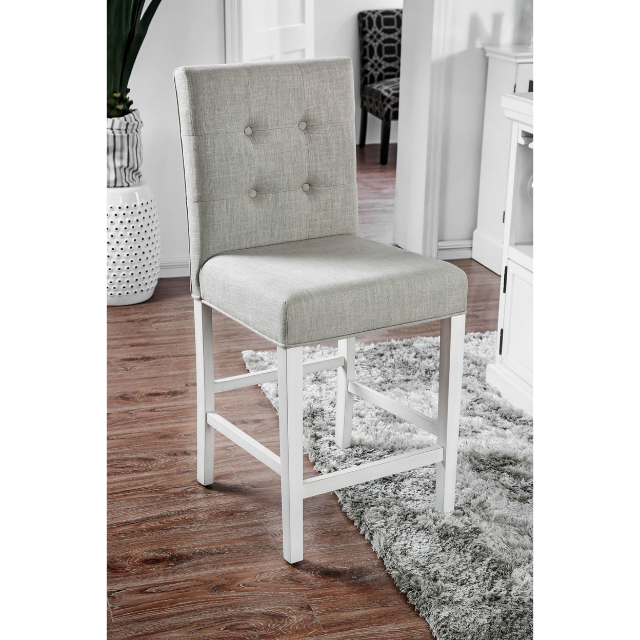 Fabric Upholstered Solid Wood Counter Height Chair, White And Gray, Pack Of Two- Saltoro Sherpi