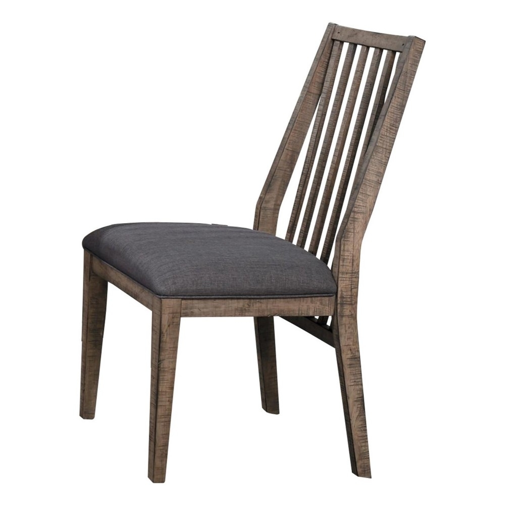25 Inch Rustic Wood Dining Chair, Slatted Back, Gray Fabric Seat, Set Of 2- Saltoro Sherpi