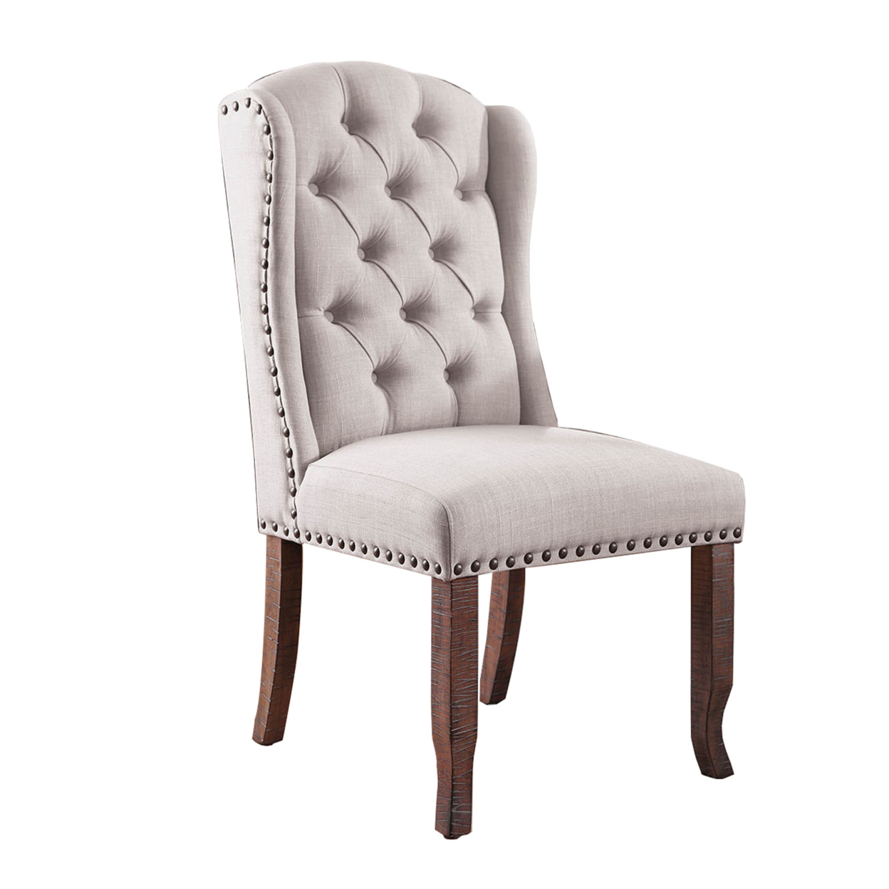Button Tufted Fabric Upholstery Wingback Chair, Cream And Brown, Pack Of Two- Saltoro Sherpi