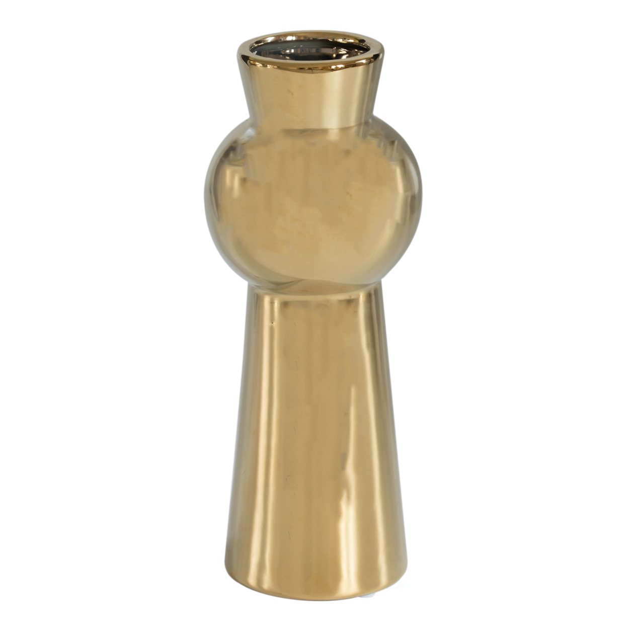 10.5 H Decorative Ceramic Ball Neck Flower Table Vase, Shiny Metallic Gold