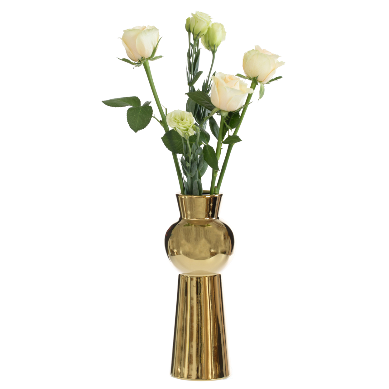10.5 H Decorative Ceramic Ball Neck Flower Table Vase, Shiny Metallic Gold