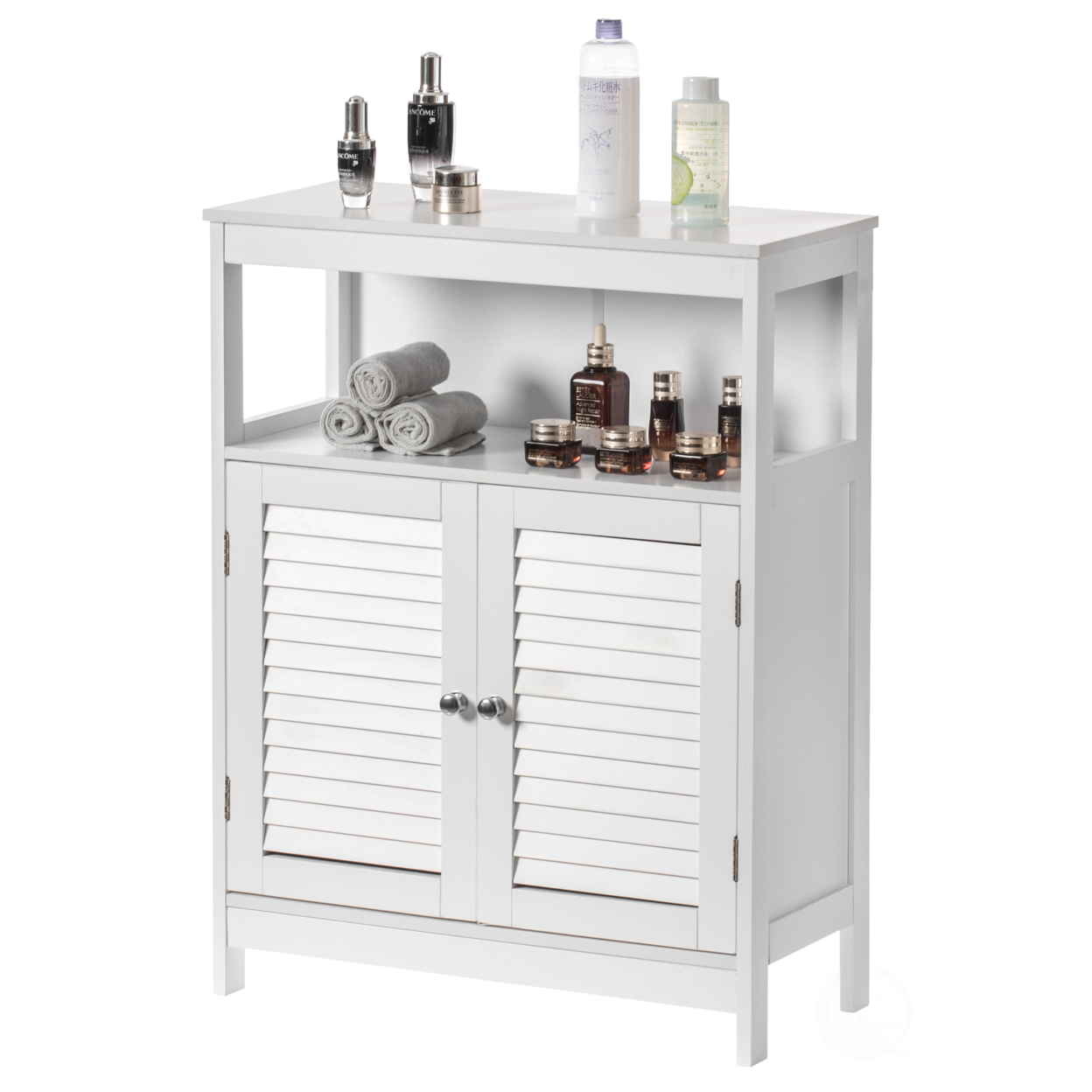Wooden White Modern Storage Bathroom Vanity Cabinet With Adjustable Shelves And Two Horizontal Planks Design Doors