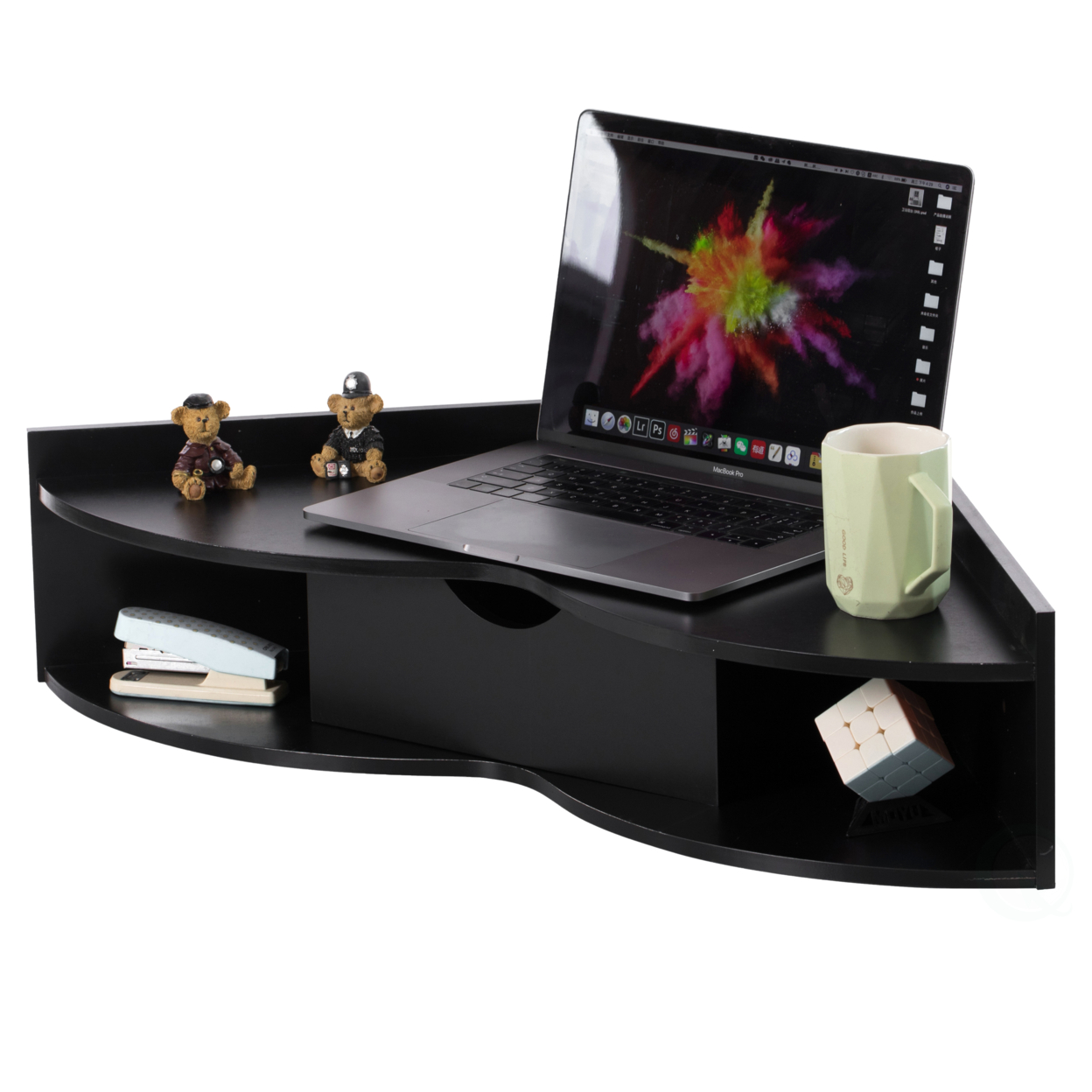 Corner Desk Heart Shaped Wall Mounted Office Table with Drawer and Two Shelves Computer Writing Desk - black
