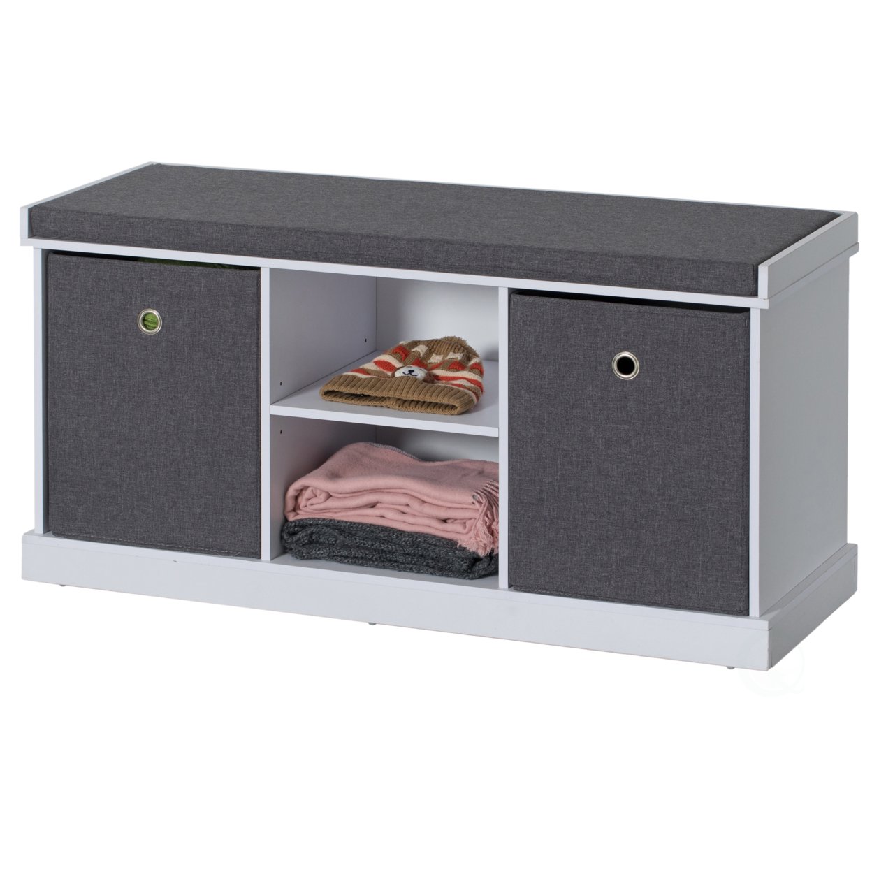 MDF Storage Box Shoe Bench with 2 Drawers, Foldable Baskets and a Gray Cushion, White