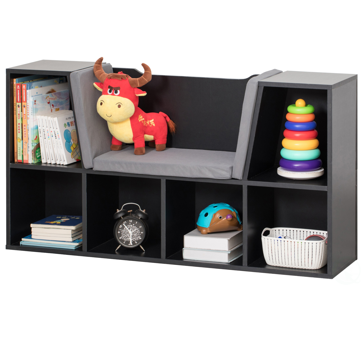 Modern Multi-Purpose Bookshelf With Storage Space And Gray Cushioned Reading Nook - White