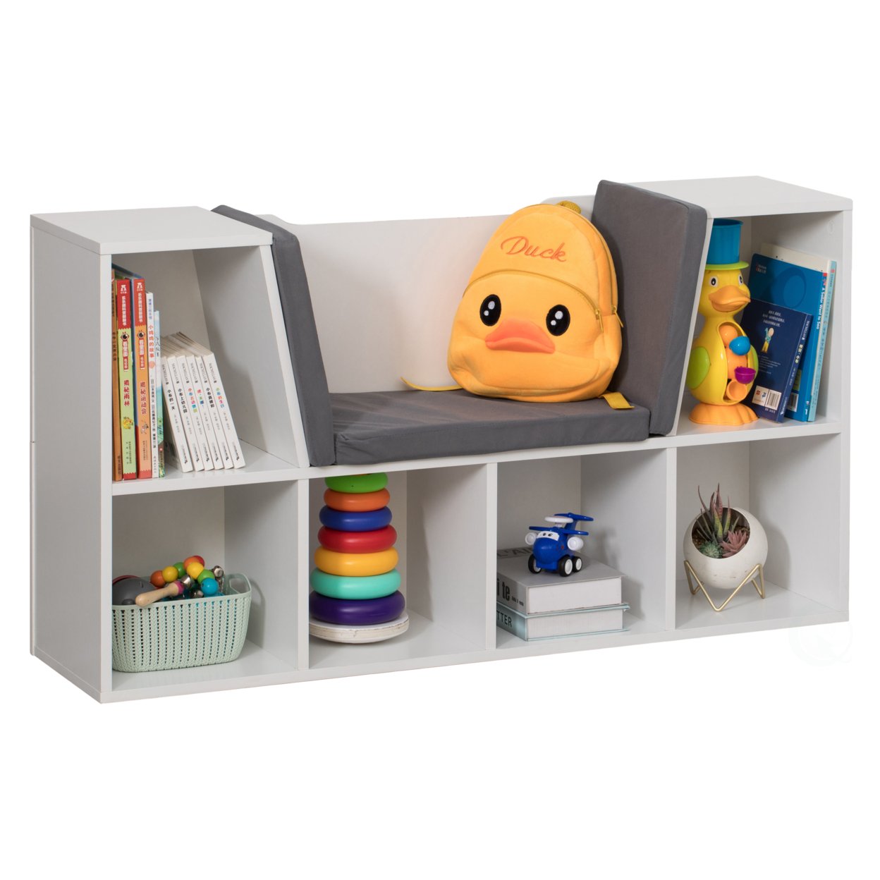 Modern Multi-Purpose Bookshelf with Storage Space and Gray Cushioned Reading Nook - white