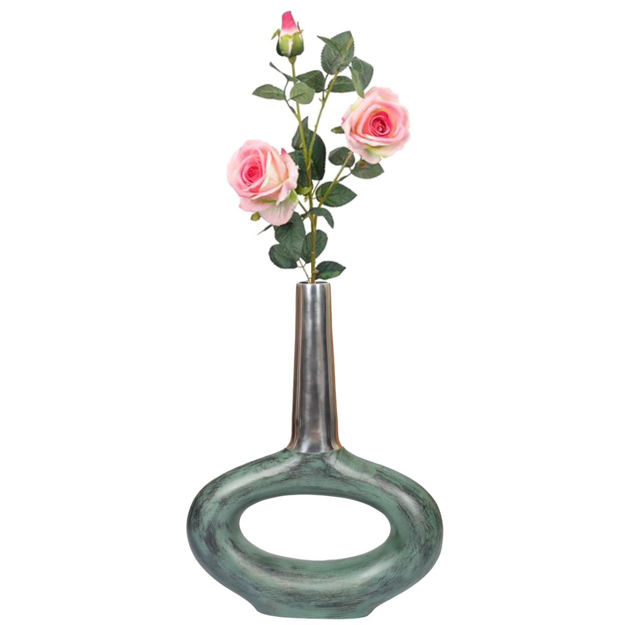 Decorative Antique Aluminium-Casted Table Centerpiece Flower Vase, Two Tone Patina Green 19.25 Inch