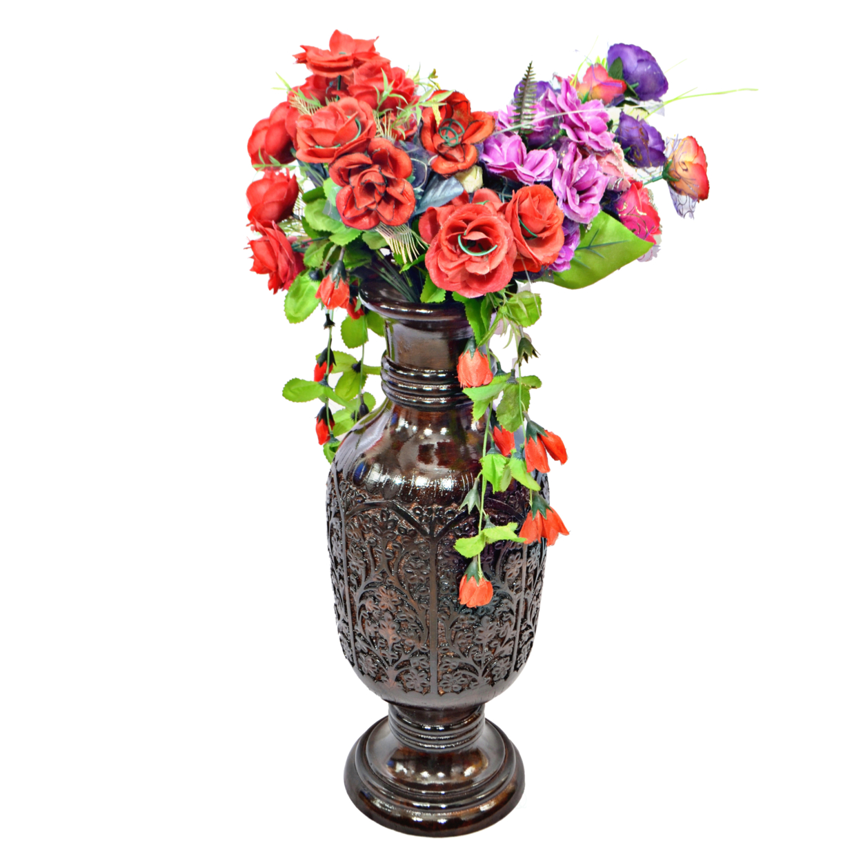 Antique Decorative Hand Curved Brown Mango Wood Table Flower Vase With Unique Textured Pattern, 24 Inch