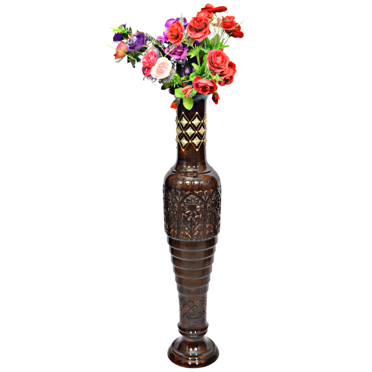 Antique Decorative Hand Curved Brown Mango Wood Floor Flower Vase With Unique Textured Pattern, 37 Inch