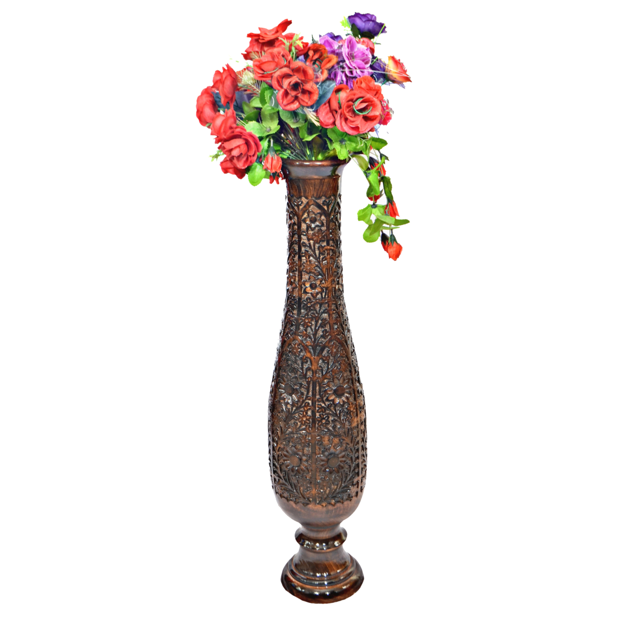 Antique Decorative Hand Curved Brown Mango Wood Floor Flower Vase Trumpet Design With Unique Textured Pattern, 36 Inch