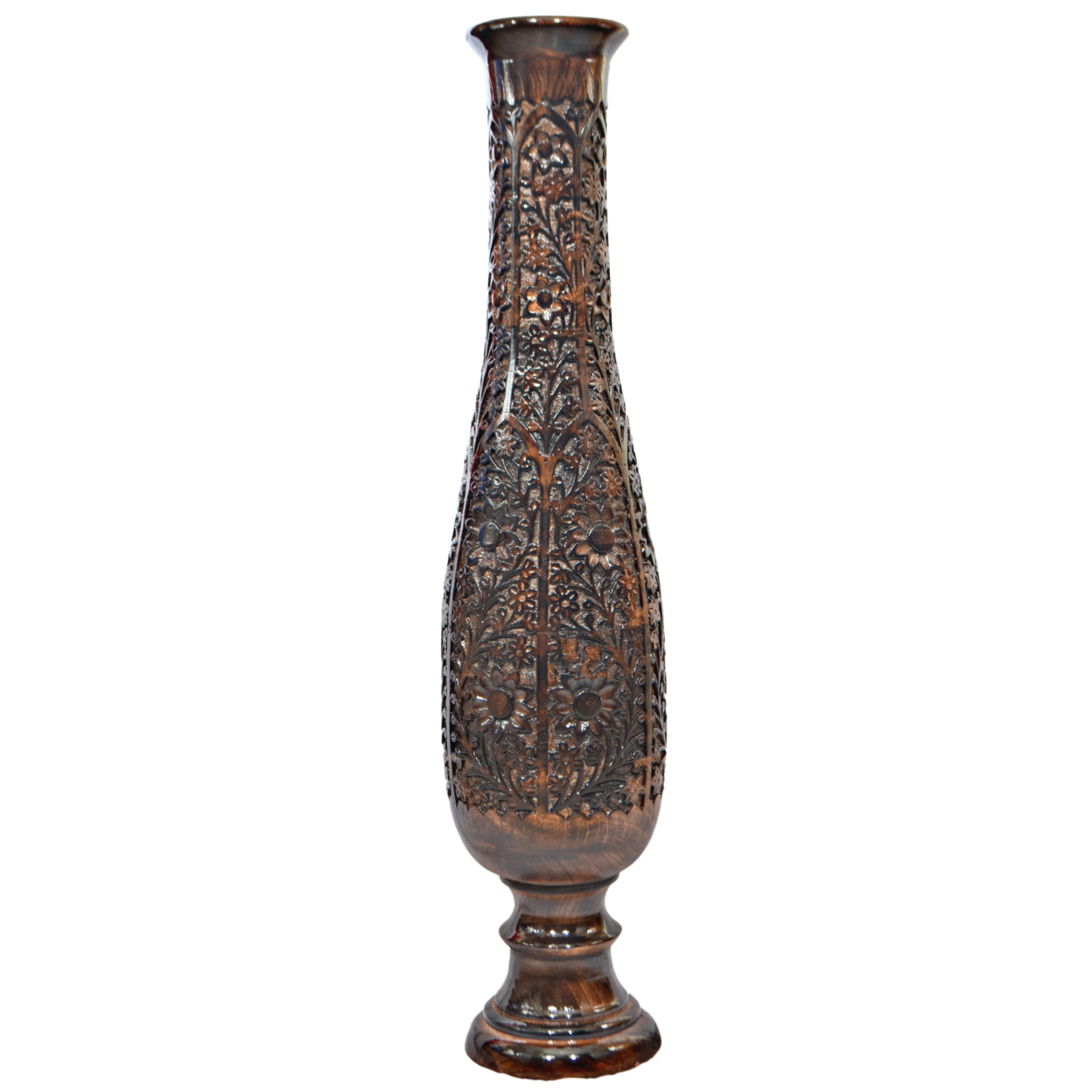 Antique Decorative Hand Curved Brown Mango Wood Floor Flower Vase Trumpet Design With Unique Textured Pattern, 36 Inch