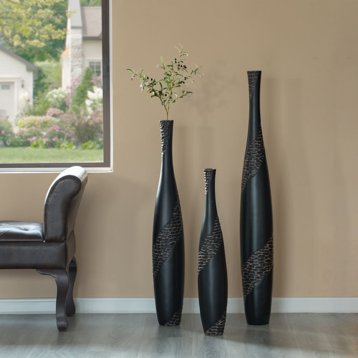 Contemporary Bottle Shape Decorative Floor Vase, Brown With Cobbled Stone Pattern - Set Of 3