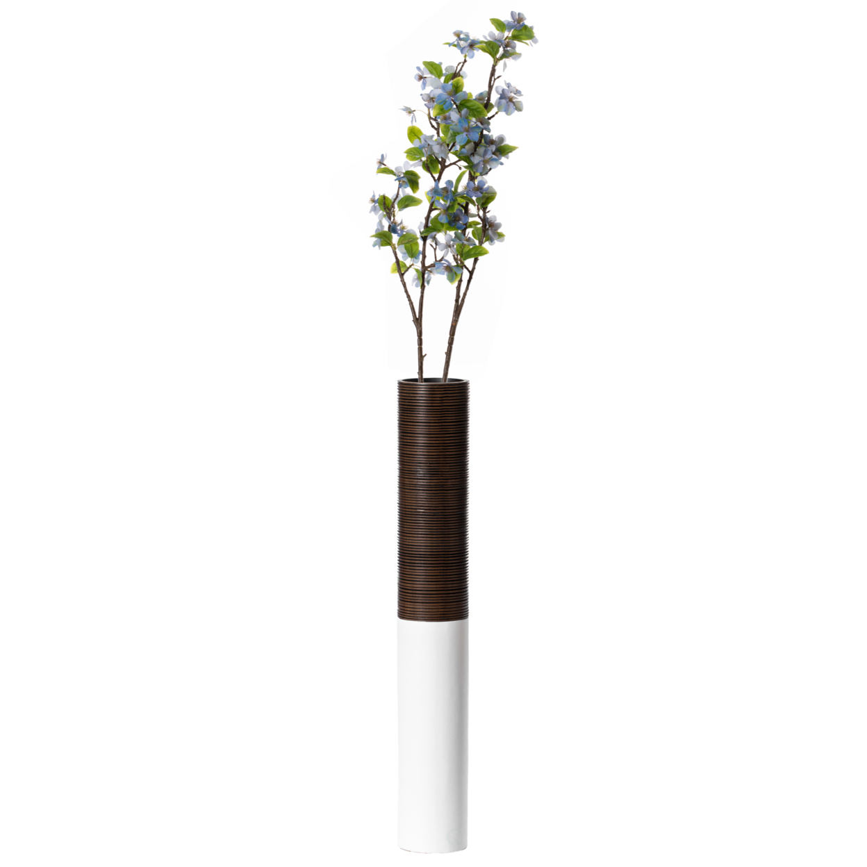 Modern Tall Decorative White And Brown Ribbed Cylinder Floor Vase - Large