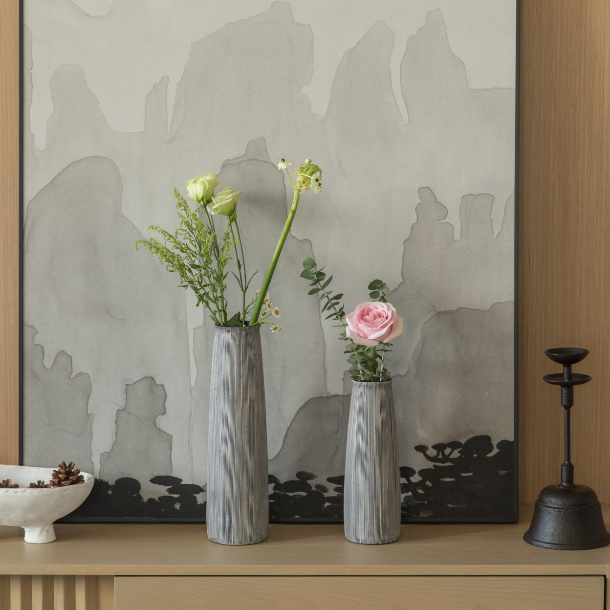 Decorative Modern Round Table Centerpiece Flower Vase With Gray Striped Design - Set Of 2