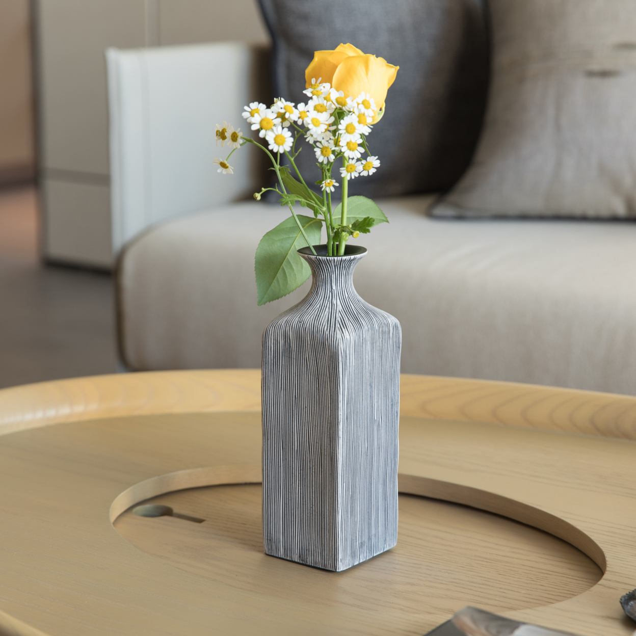 Contemporary Decorative Square Table Flower Vase With Gray Striped Design - Small