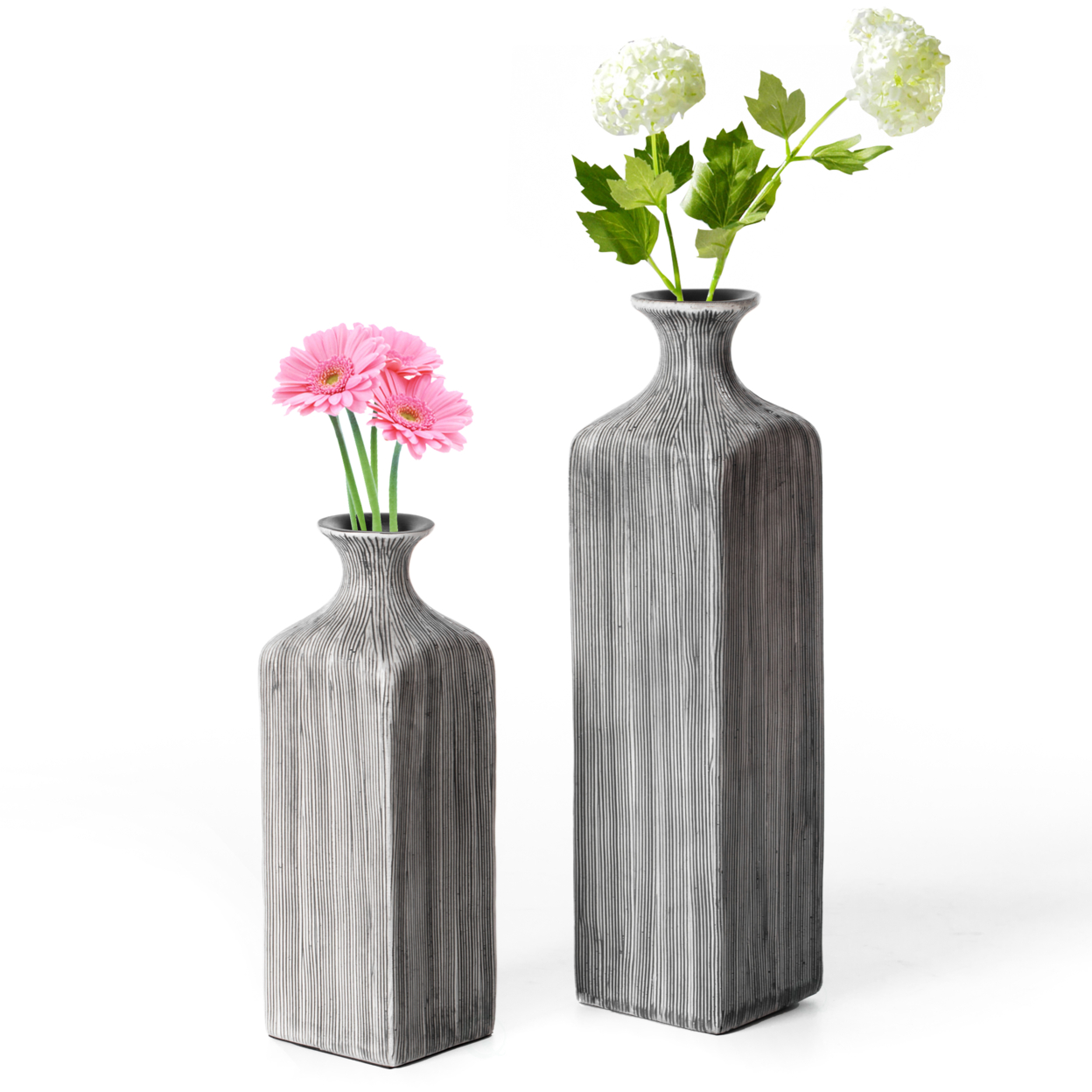Contemporary Decorative Square Table Flower Vase With Gray Striped Design - Set Of 2
