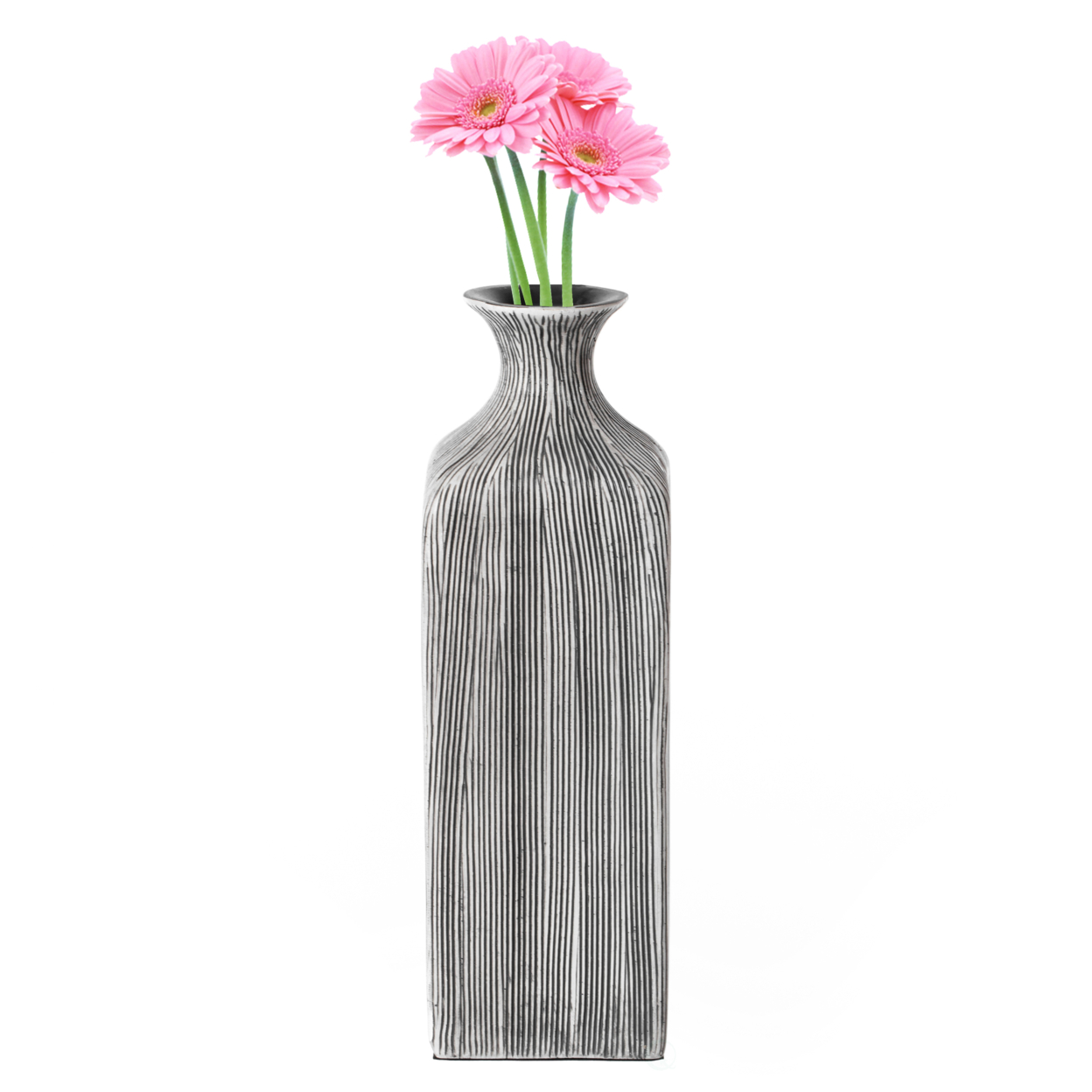 Contemporary Decorative Square Table Flower Vase With Gray Striped Design - Small