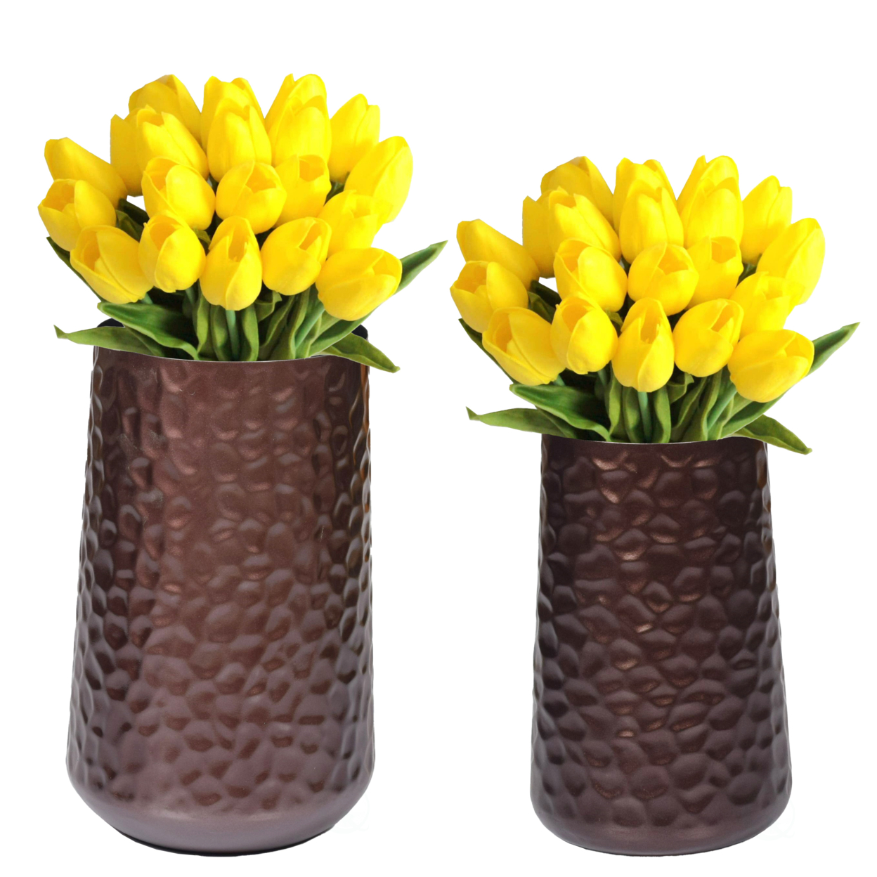 Brown Rustic Iron Flower Plant Centerpiece Hammered Vase - Set Of 2
