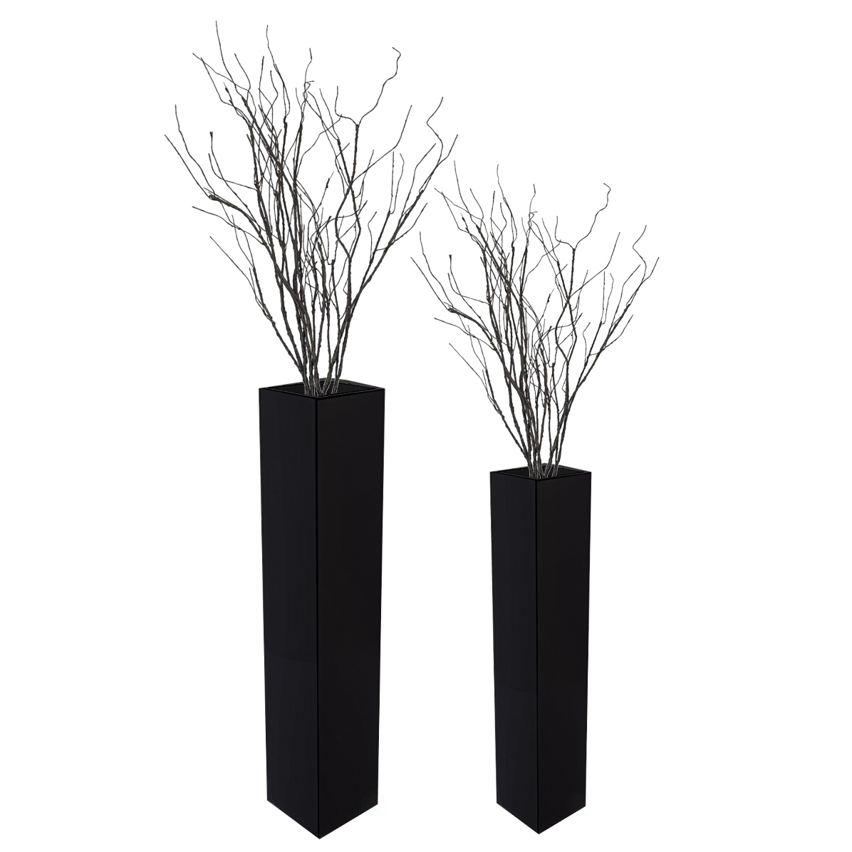Tall Rectangular Wooden Modern Floor Vase, Black - Set Of 2