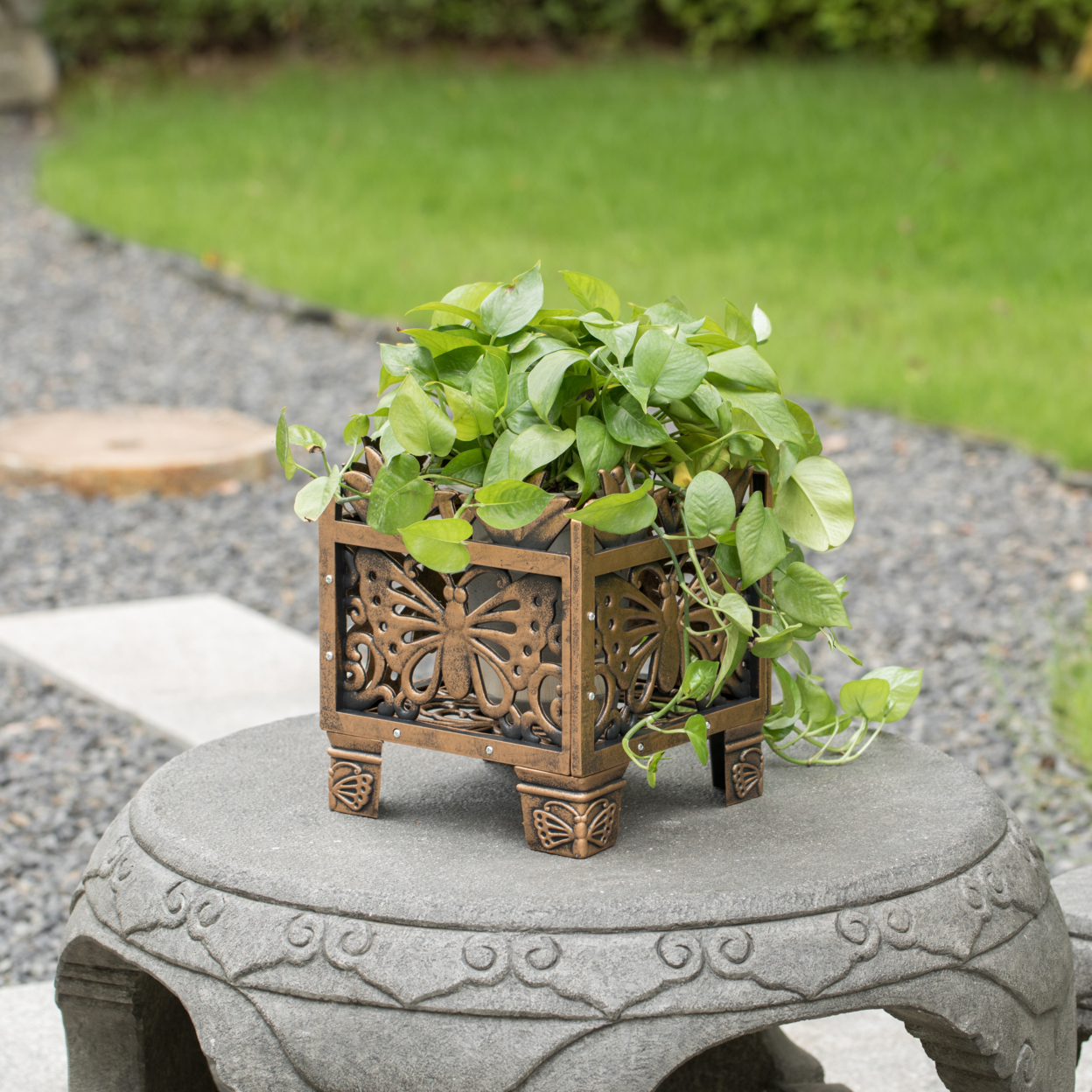Outdoor Living Butterfly Square Plant Stand, Flower Planting Pot, Antique Bronze