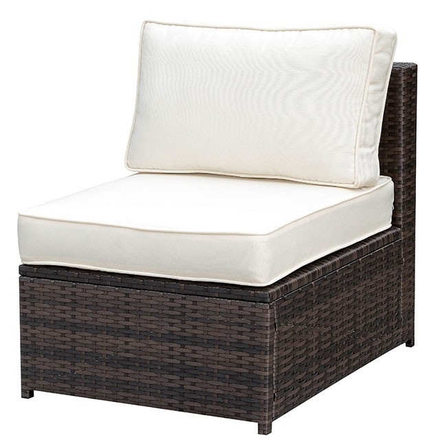 Aluminum Frame Patio Side Chair With Cushioned Seating, Ivory & Espresso Brown- Saltoro Sherpi