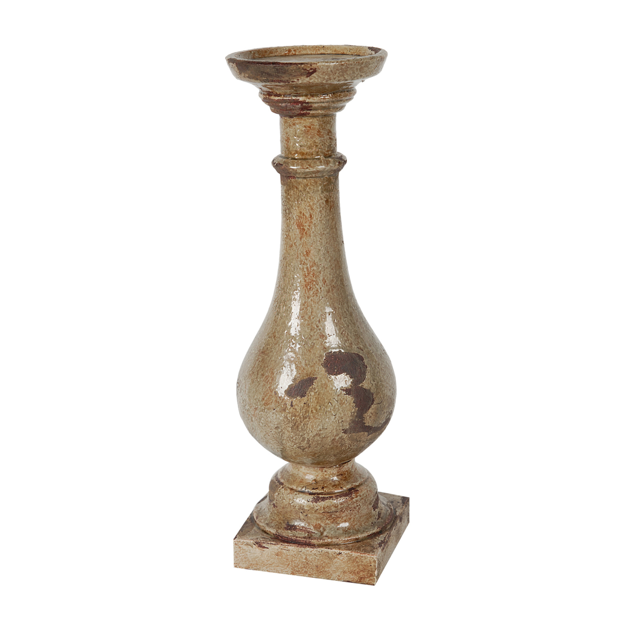 Traditional Style Distressed Ceramic Pillar Shaped Candle Holder, Brown- Saltoro Sherpi