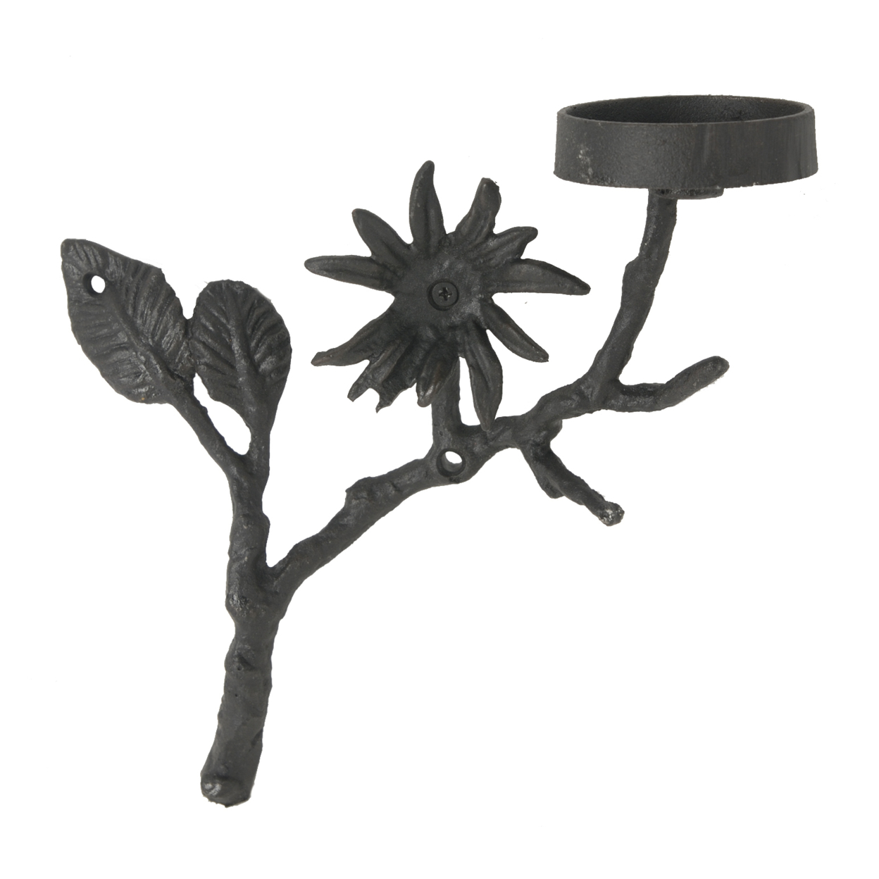 Tree Branch Cast Iron Candle Holder With Flower, Black- Saltoro Sherpi