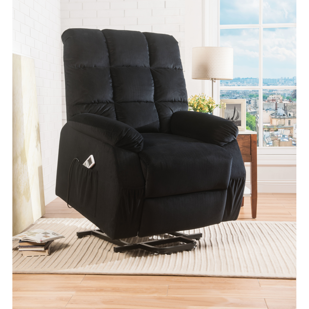 Contemporary Velvet And Metal Recliner With Power Lift, Black- ACME