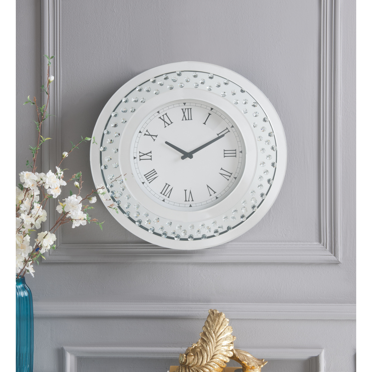 20 Inch Analog Wall Clock, Round Mirror Frame, Faux Crystals Inlay, White