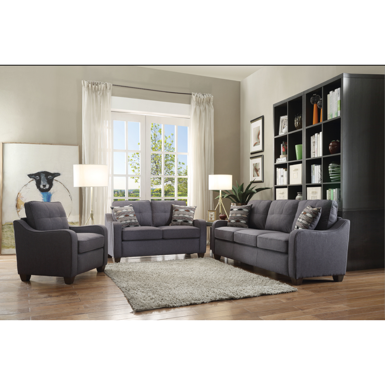 Contemporary Linen Upholstered Wooden Sofa With Two Pillows, Gray- Saltoro Sherpi