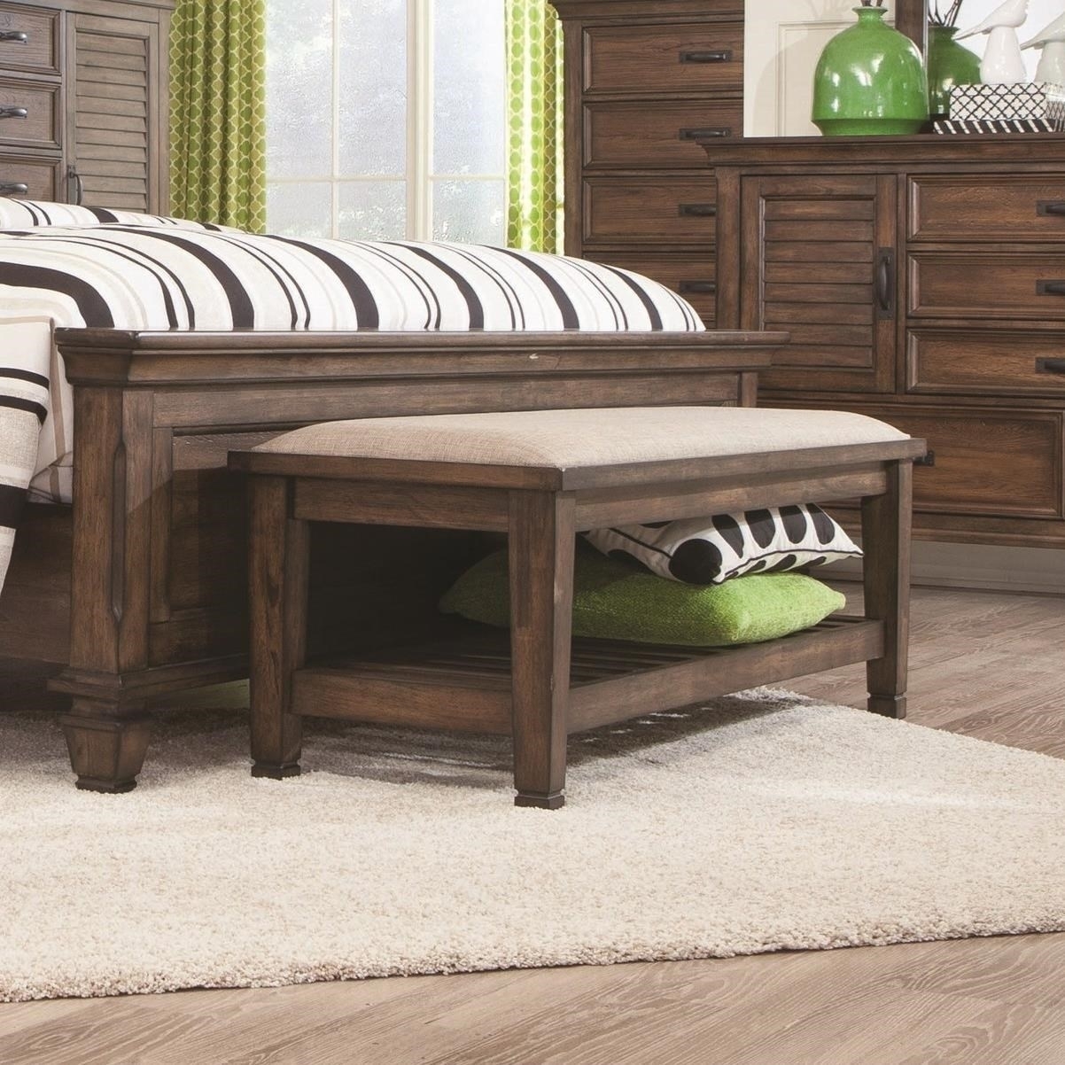 Transitional Style Wooden Bed Bench With Fabric Upholstered Seat, Brown- Saltoro Sherpi