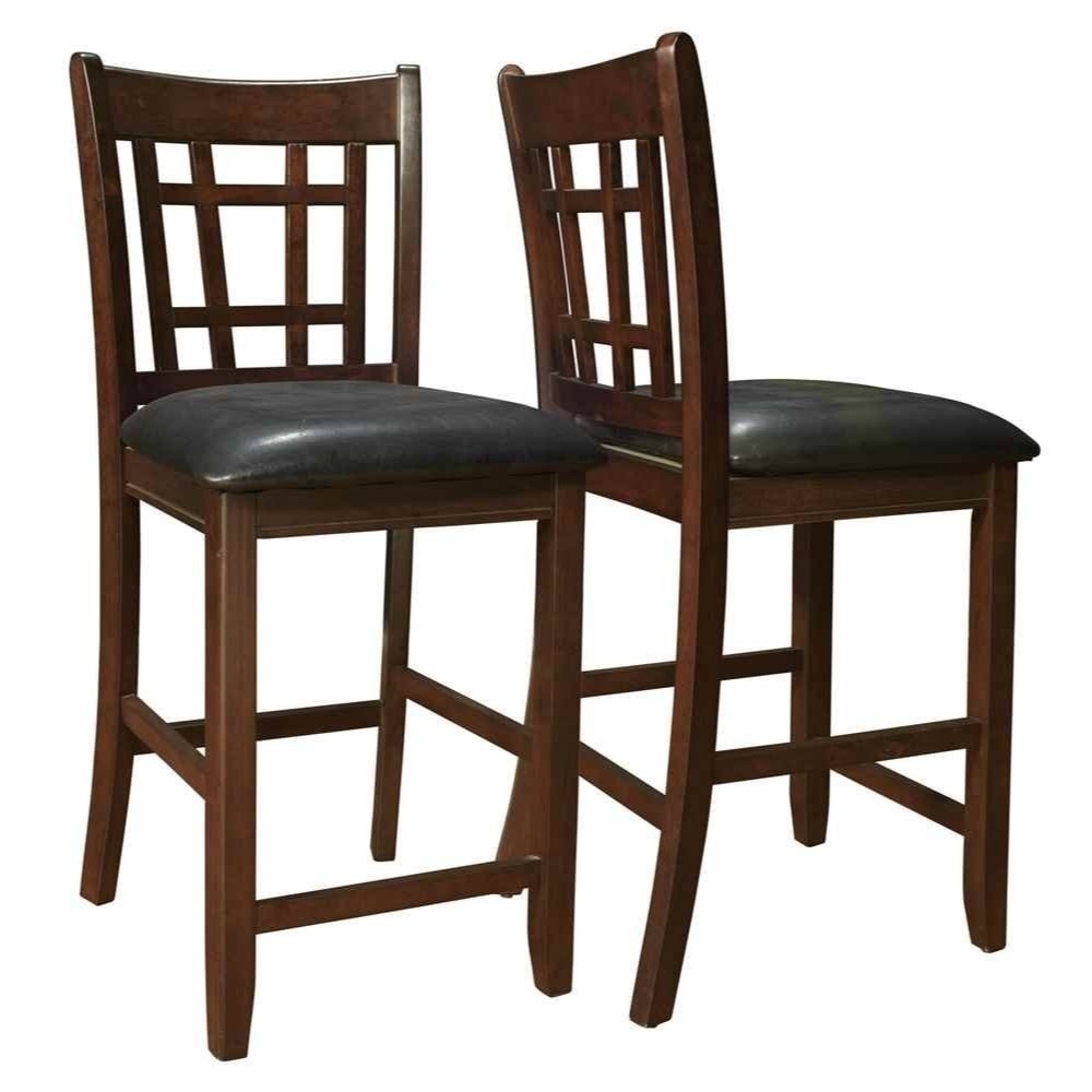 Lattice Back 24 Wooden Counter Height Chair With Leatherette Seat, Set Of 2, Brown And Black- Saltoro Sherpi