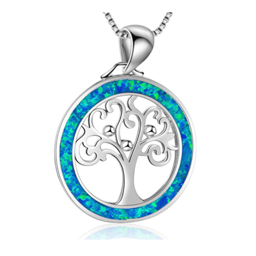 Rhodium Filled High Polish Finsh Lab-Created Opal Tree Of Life Pendant Necklace