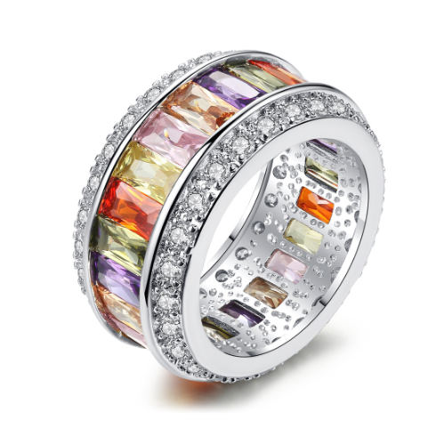 White Rhodium Filled High Polish Finsh Multi-Color Princess-Cut Cubic Zirconia Wide Band Ring