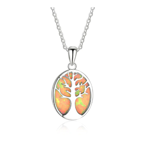 White Gold Filled High Polish Finsh Fire Opal Tree Of Life Pendant Necklace