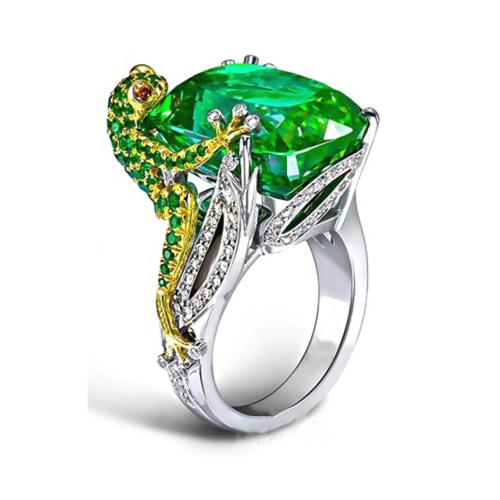 Silver Filled High Polish Finsh Cute Frog Shape Lab Created Emerald Finger Ring - 7