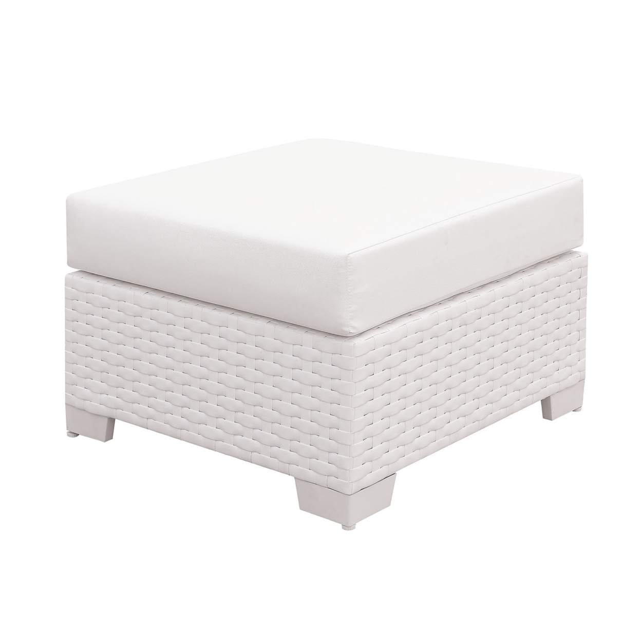 25 Inch Ottoman With Faux Polyester Padded Seat Cushion, White Wicker