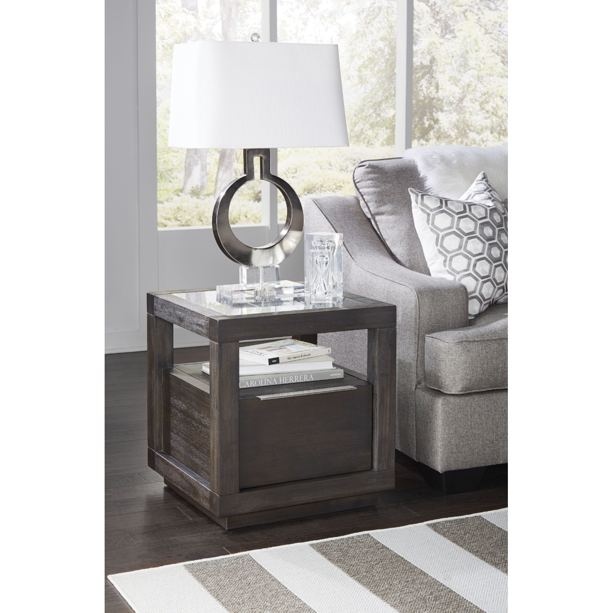Acacia Wood End Table With Glass Insert Tabletop, Gray- Saltoro Sherpi