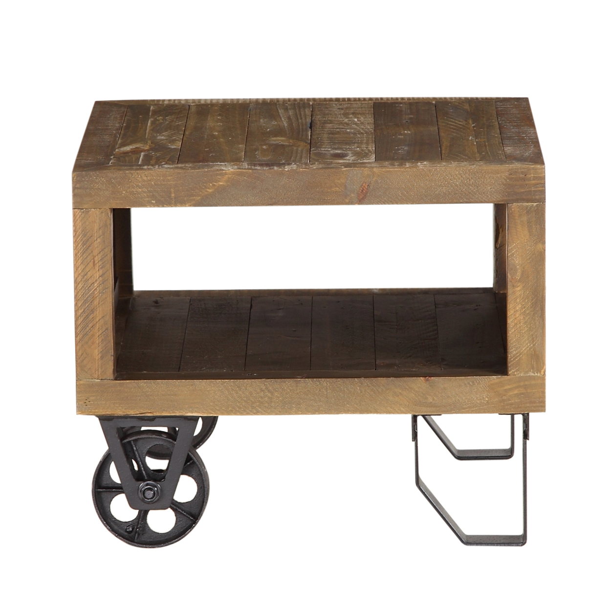 Pine Wood And Metal End Table With Wheelbarrow Base Design, Brown And Black- Saltoro Sherpi