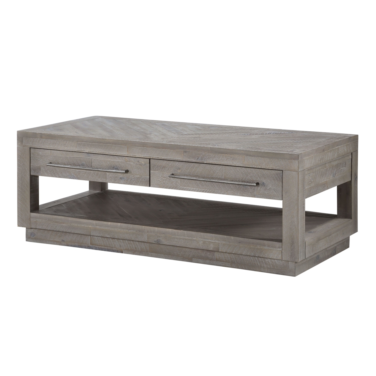 Two Drawer And One Bottom Shelf Coffee Table With Metal Handle Pull, Rustic Latte Gray- Saltoro Sherpi