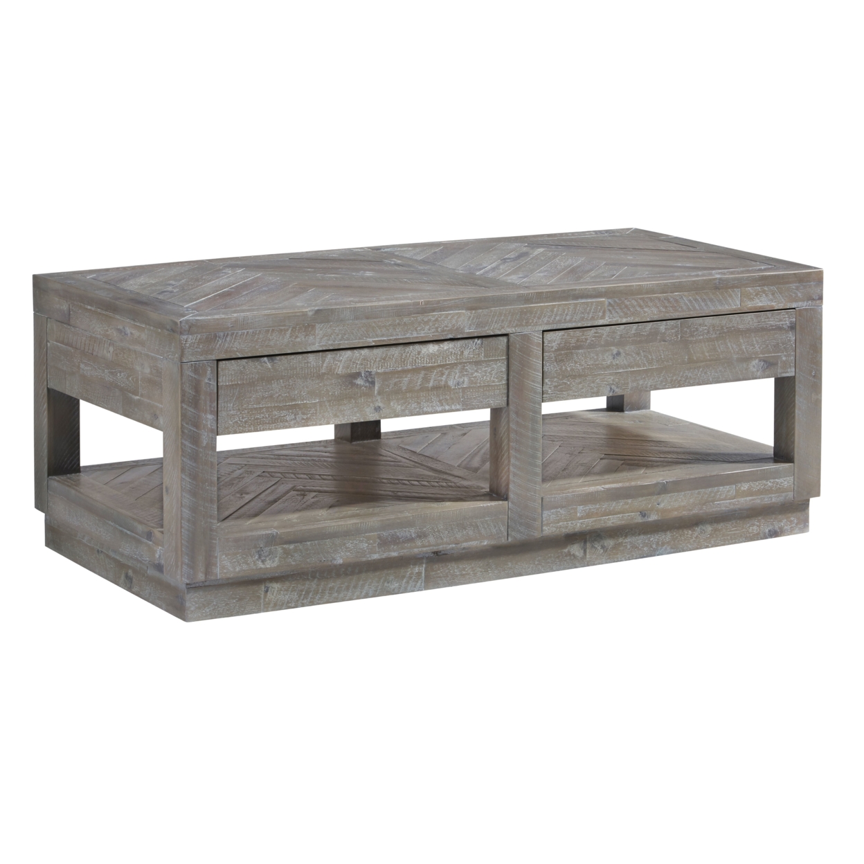 Two Drawer And Bottom Shelf Coffee Table With Flattened Base, Rustic Latte Gray- Saltoro Sherpi