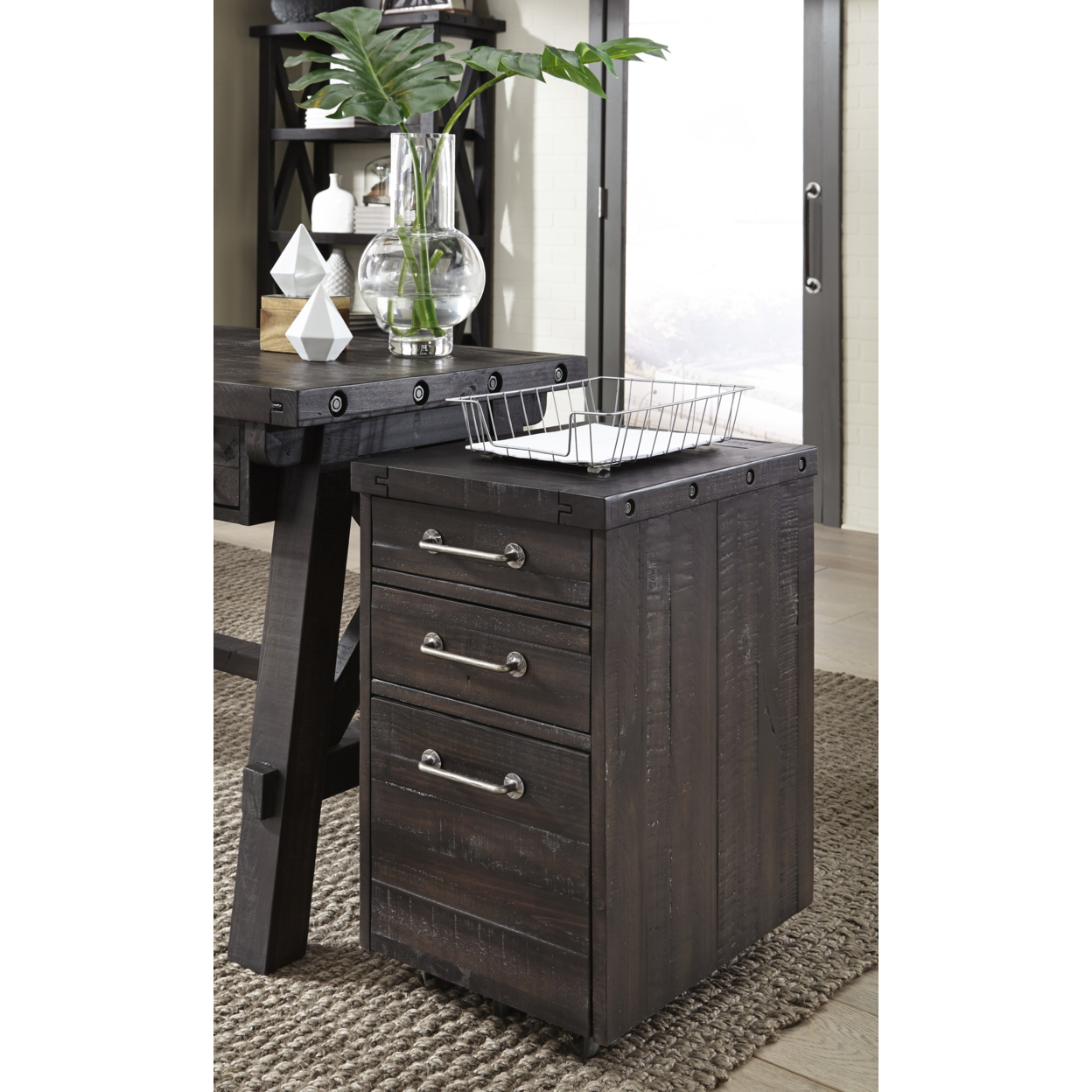Three Drawers Solid Pine Wood File Cabinet With Rolling Casters, Cafe Brown- Saltoro Sherpi