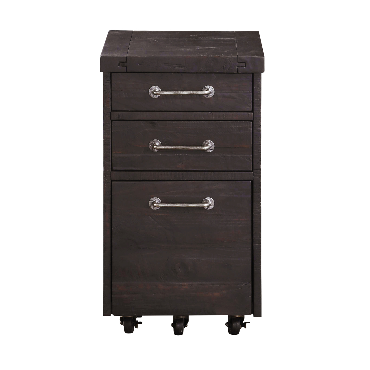Three Drawers Solid Pine Wood File Cabinet With Rolling Casters, Cafe Brown- Saltoro Sherpi