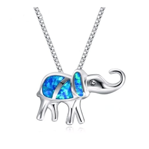 Rhodium Filled High Polish Finsh Blue Fire Opal Elephant Pendants Necklaces
