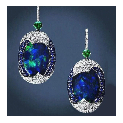 Rhodium Filled High Polish Finsh Oval Blue Opal White Cubic Zirconia Dangle Earrings