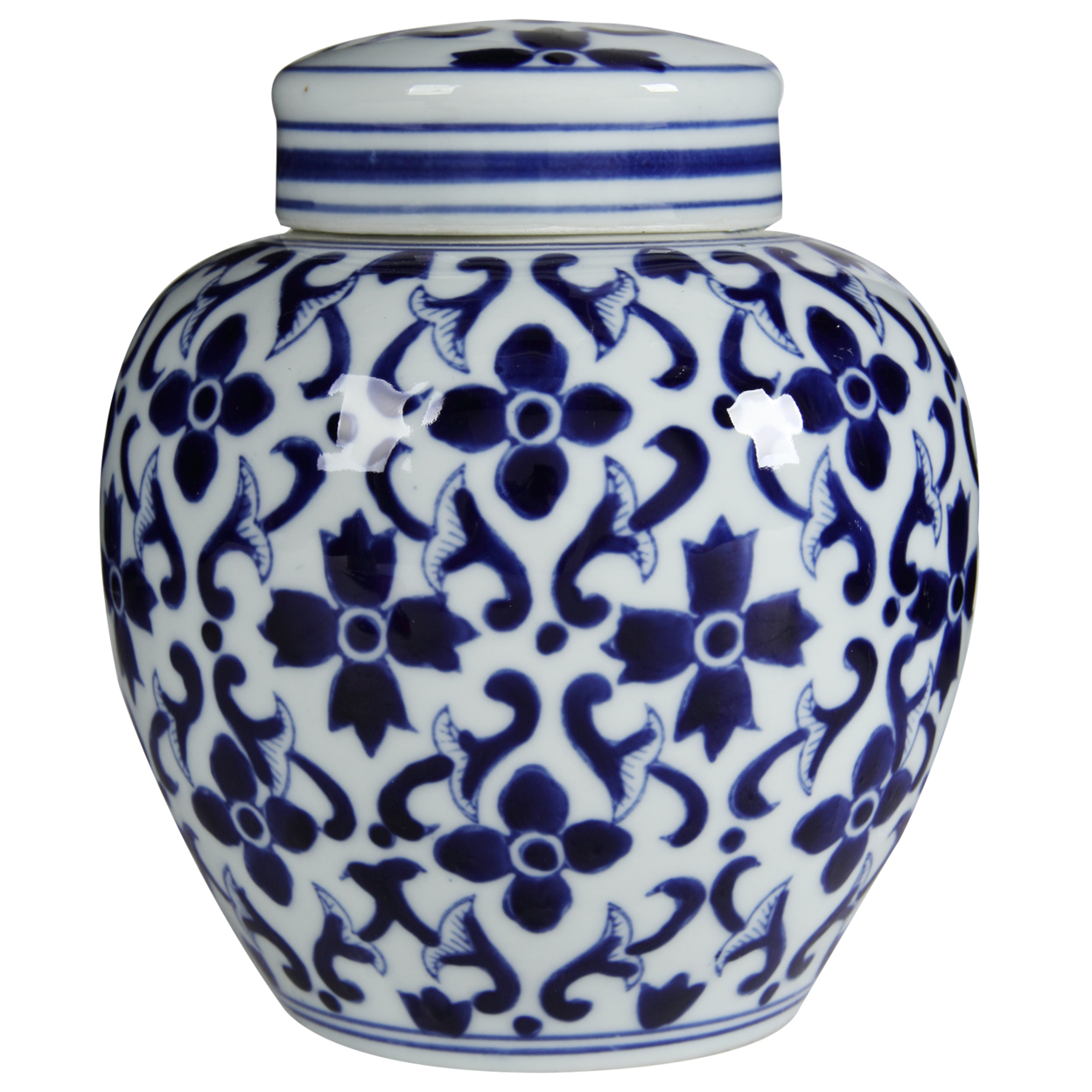 Traditional Style Urn Shape Ceramic Lidded Jar With Floral Pattern, White And Blue- Saltoro Sherpi