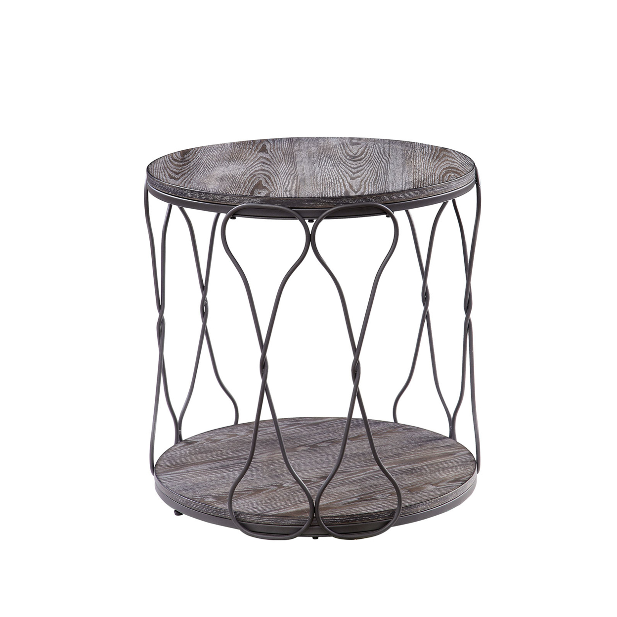 Round Industrial Style Metal And Solid Wood End Table With Open Bottom Shelf, Gray And Brown- Saltoro Sherpi