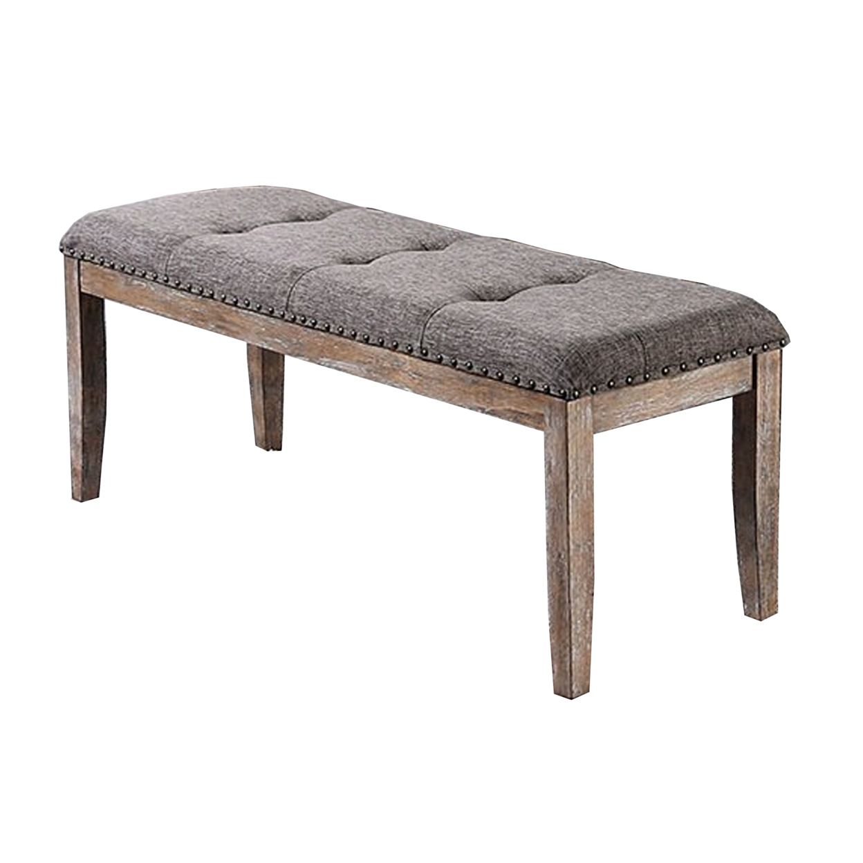 Rectangular Shaped Solid Wood And Fabric Upholstered Bench With Nail Head Trims , Brown And Gray- Saltoro Sherpi