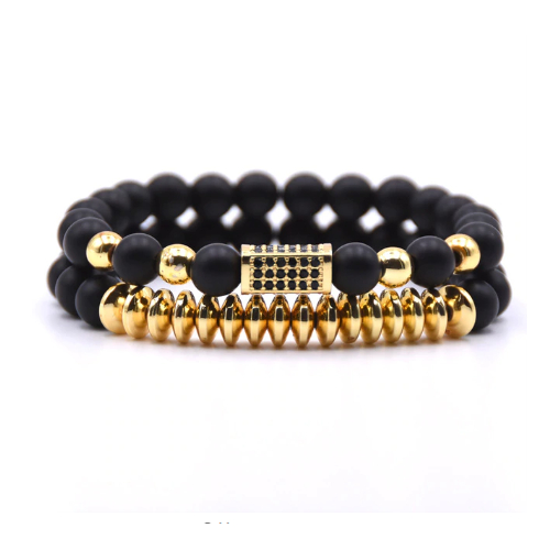 2 Pcs Set Mirco Pave CZ Rectangle Charm Stretch Gold Bracelet With Matte Beads