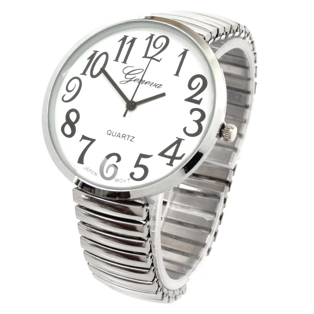 Super Large Face Easy To Read Stretch Band Geneva Watch - White